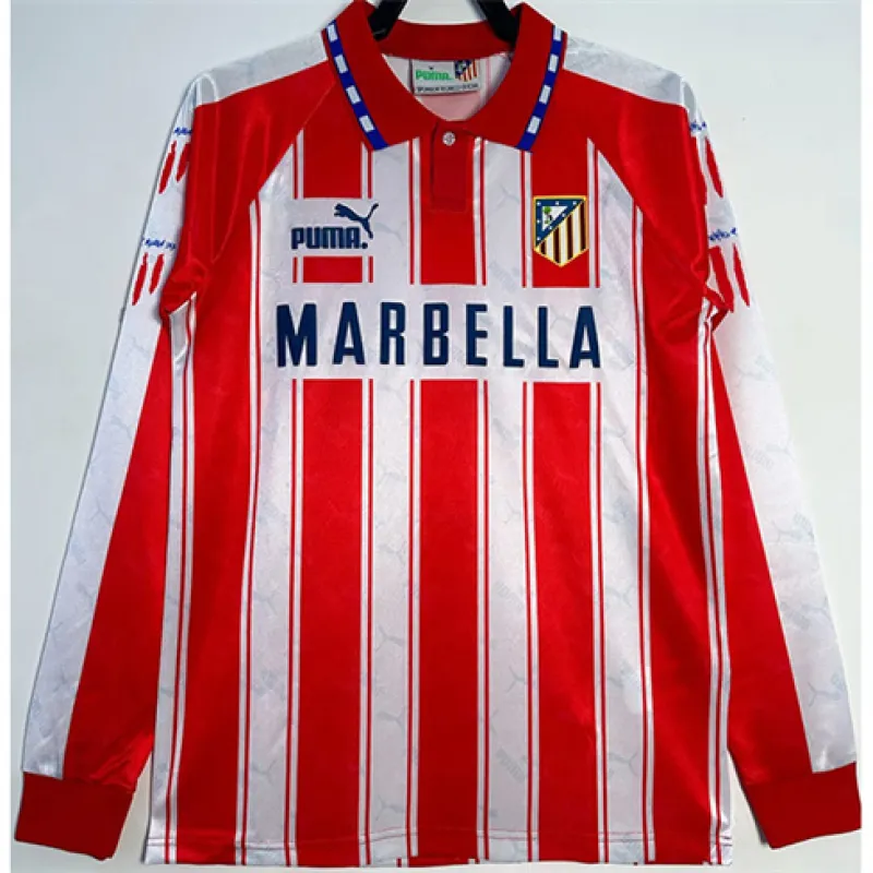 Maillot rétro à manches longues d'Atletico Madrid 1994/95 domicile - Rouge/Blanc