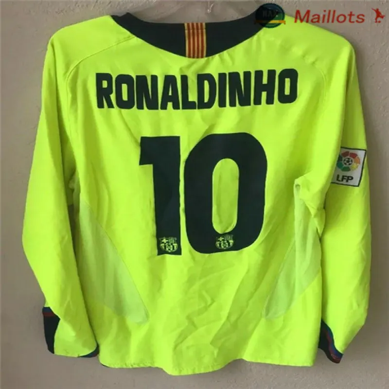 Maillot rétro à manches longues du FC Barcelona 2005/06 d'extérieur - Vert, numéro 10 Ronaldinho