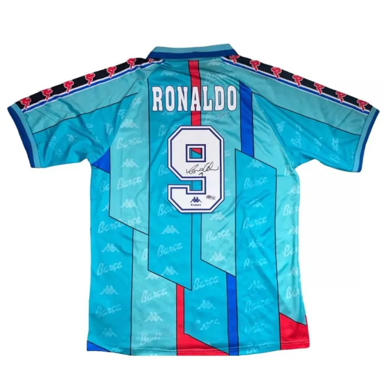 Maglia retro di Ronaldo per il Barcelona, trasferta 1996/97 - Azzurro