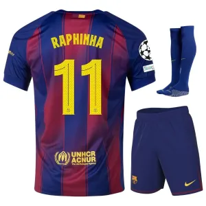 Barcelona RAPHINHA 2025/26 Home UCL Kids' Jersey Set - Red/Blue