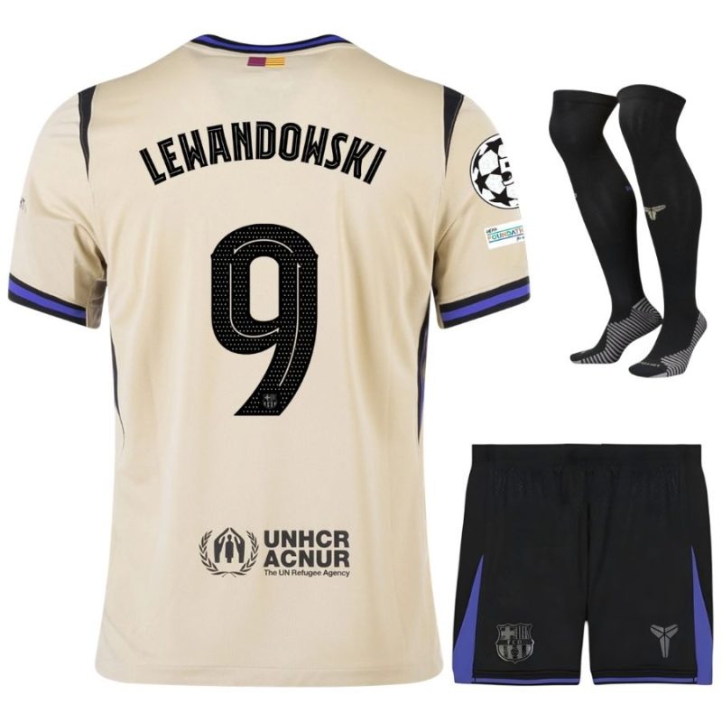 Barcelona LEWANDOWSKI UCL 2025/26 Kids Away Kit Jersey - Beige