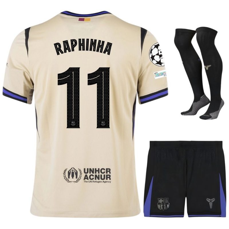 Barcelona RAPHINHA UCL 2025/26 Kids Away Kit Jersey - Beige