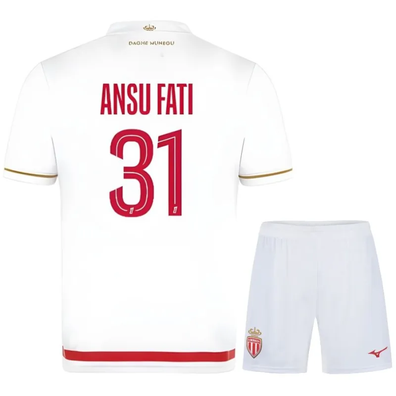 Ansu Fati AS Monaco Kids' Home Jersey + Shorts 2025/26 - White/Red