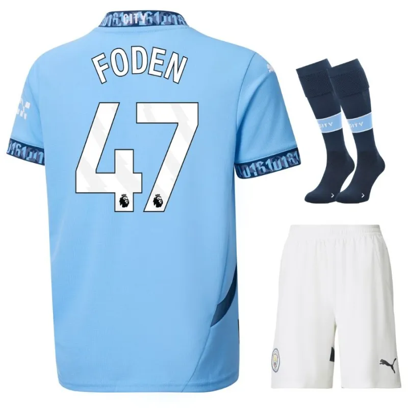 FODEN Set di maglia per bambini di casa di Manchester City 2024/25 - Blu