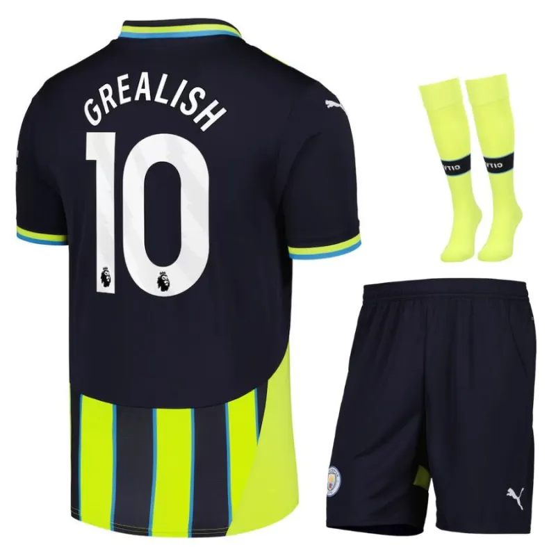 GREALISH Set di maglia per bambini di trasferta di Manchester City 2024/25 - Nero/Verde