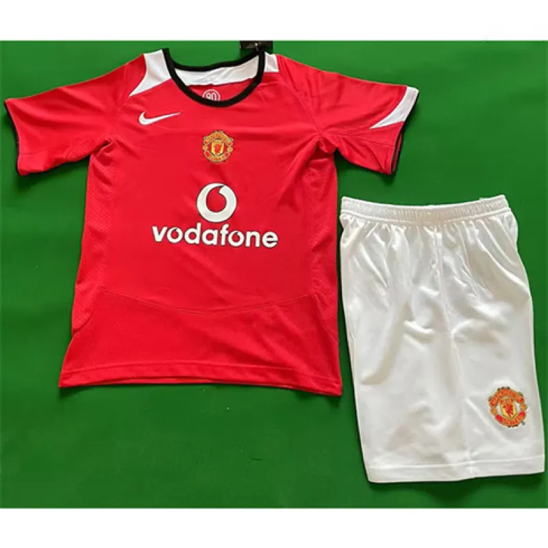 Camiseta + pantalones cortos retro para niños de Manchester United 2005/06 en casa - Rojo