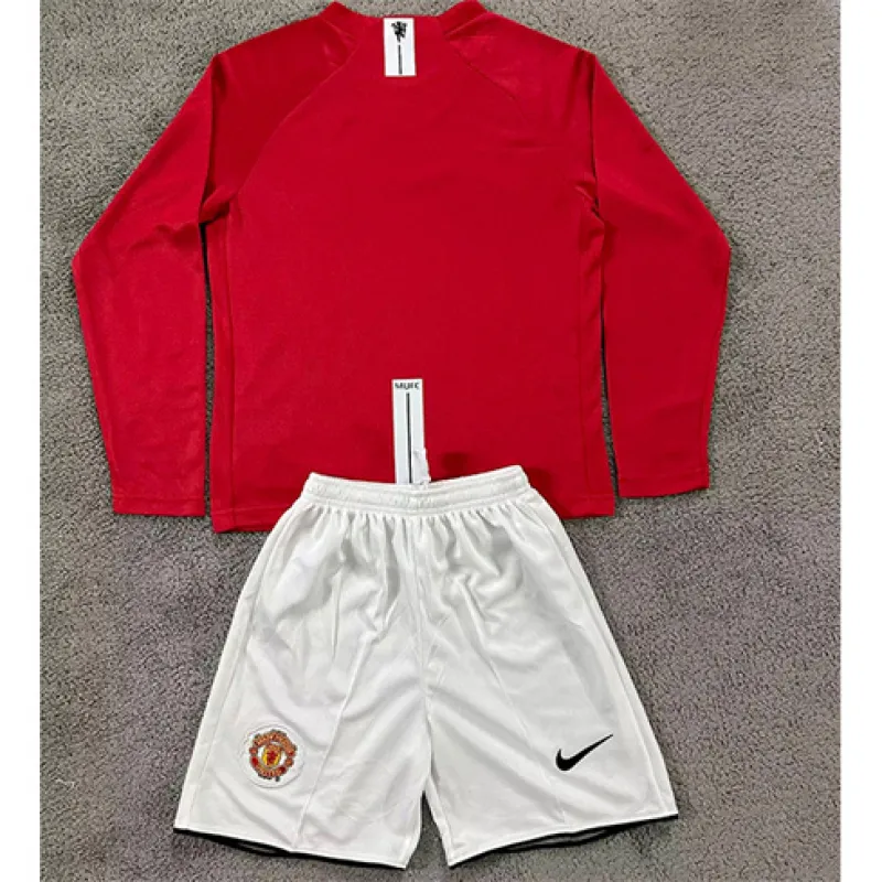 Camiseta retro de manga larga + pantalones cortos para niños de Manchester United 2007/08 en casa - Rojo
