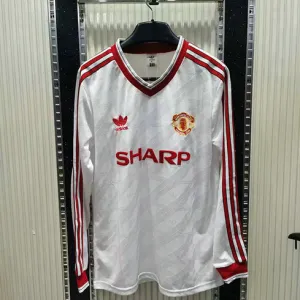 Maglia retro a maniche lunghe di trasferta bianca di Manchester United nel 1986