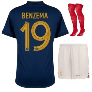 Karim Benzemas Kinder-Heimtrikot-Set der französischen Nationalmannschaft bei der Weltmeisterschaft 2022 - Blau