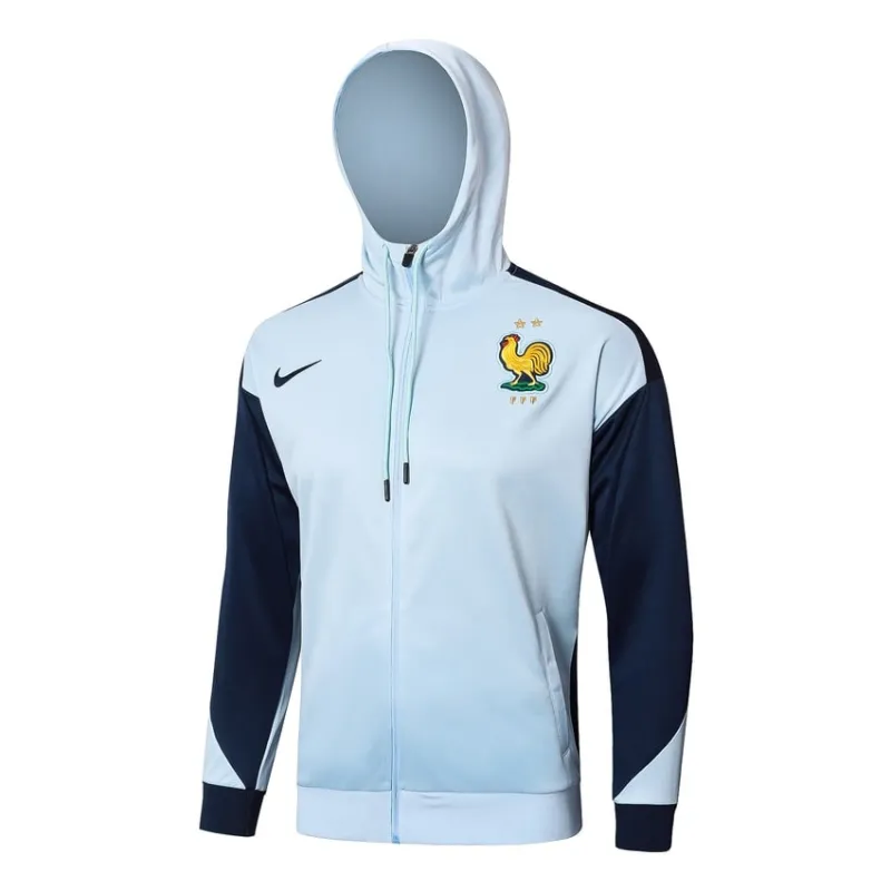 Le survêtement avec capuche et les pantalons de l'équipe de France pour la saison 2024/25 - blanc/bleu.