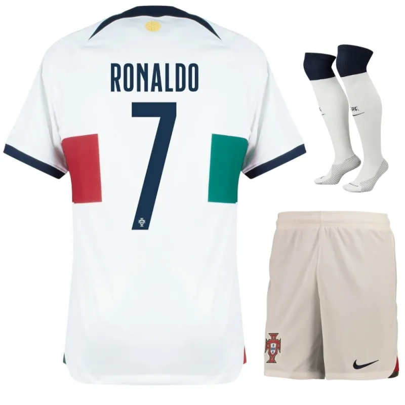 Set di maglie per bambini di trasferta della Coppa del mondo 2022 del Portogallo di Ronaldo - Bianco