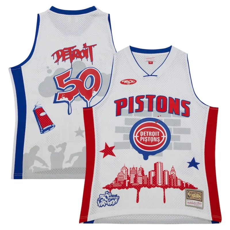 Detroit Pistons Mitchell & Ness x Tats Cru Hardwood Classics Fashion Jersey - White