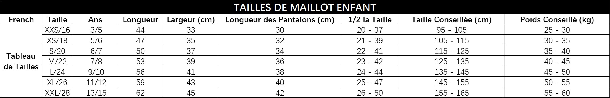taille maillot foot enfant
