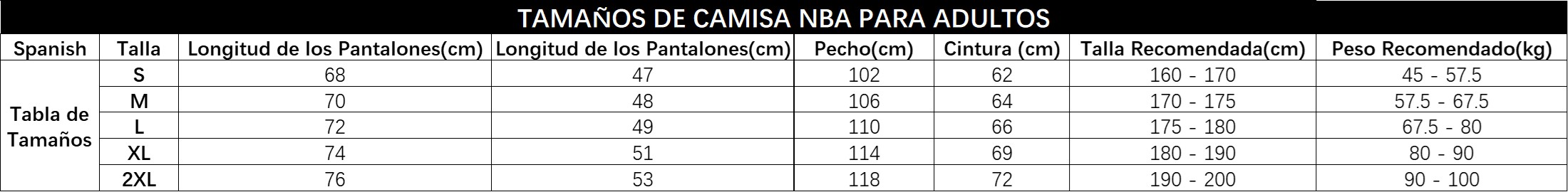 guía tallas NBA