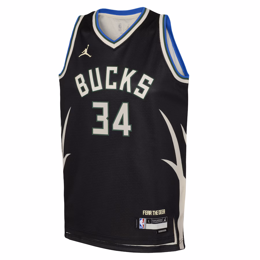 Giannis Antetokounmpo, Maglia Swingman per i giovani della marca Jordan dei Milwaukee Bucks - Edizione Dichiarazione - Nero