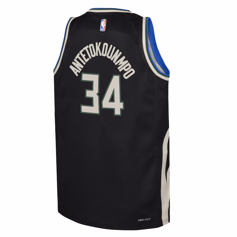 Giannis Antetokounmpo, Maglia Swingman per i giovani della marca Jordan dei Milwaukee Bucks - Edizione Dichiarazione - Nero